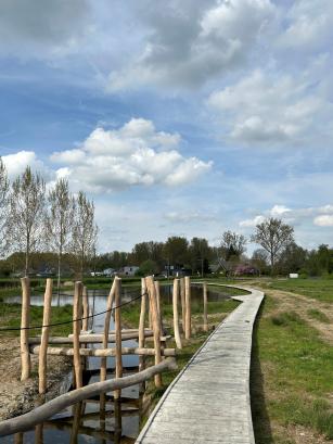 vlonderpad met aan de linkerzijde een touwenparcours en op de achtergrond een poel 