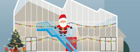 Getekend beeld van Paddenbroek met kerstman op trap en kerstboom op voorgrond