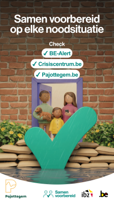 Campagnebeeld samen voorbereid op elke noodsituatie met betrouwbare website adressen en beeld van gezin met zandzakjes voor de deur